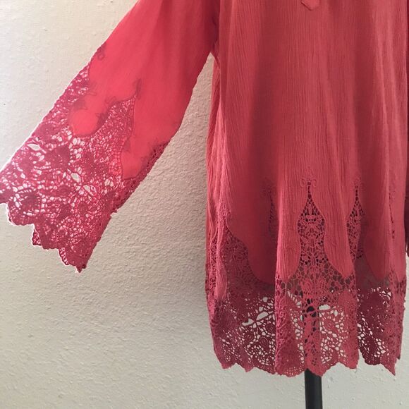 Soft Surroundings Coral Pink Cotton Linen Crochet Boho Long Sleeve Top Tunic - L - Picture 2 of 9